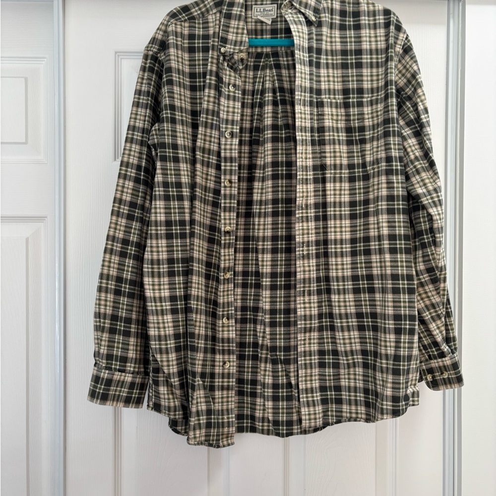 L.L. Bean Men's Green and White Plaid Shirt